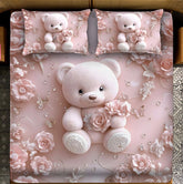 7D Pink Teddy Bear With Flower Design Bedcover And 2 Pillow Covers (90 X 100 Inch) - EKBB0078
