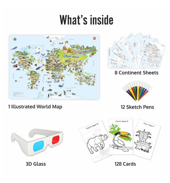 Geography Colouring Kit & World Map Game 2-in-1 Educational DIY Activity for Kids - EKT4090