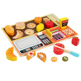 Extrokids Premium Wooden Simulated Supermarket Checkout Counter Role and Cutting Fruit, Vegetable Toy - EKT1419