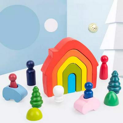 Wooden House shaped rainbow stacker - EKT2476