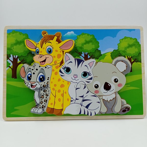 Wooden animal family puzzle block 1pc random design will be shipped - EKT2834