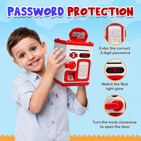 ATM Money Bank - Red | Learn to Save with Finger-print Enabled Piggy Bank