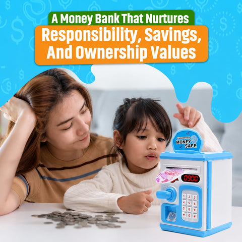 ATM Money Bank - Blue | Learn to Save with Finger-print Enabled Piggy Bank
