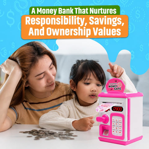 ATM Money Bank - Pink | Learn to Save with Finger-print Enabled Piggy Bank