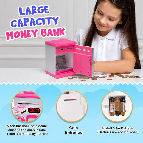 ATM Money Bank - Pink | Learn to Save with Finger-print Enabled Piggy Bank