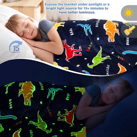 Glow in The Dark Radium Blanket for Kids Super Soft & Warm Glowing Blanket for Toddler All Seasons Baby Blanket Dino Blue Theme (78inch) - EKBB0019