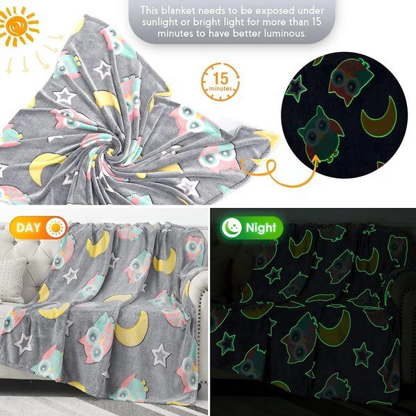 Glow in The Dark Radium Blanket for Kids Super Soft & Warm Glowing Blanket for Toddler All Seasons Baby Blanket Owl Theme (67inch) - EKBB0025