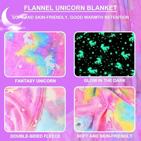 Glow in The Dark Radium Blanket for Kids Super Soft & Warm Glowing Blanket for Toddler All Seasons Baby Blanket Rainbow Unicorn Theme (50 L x 37 H inch)