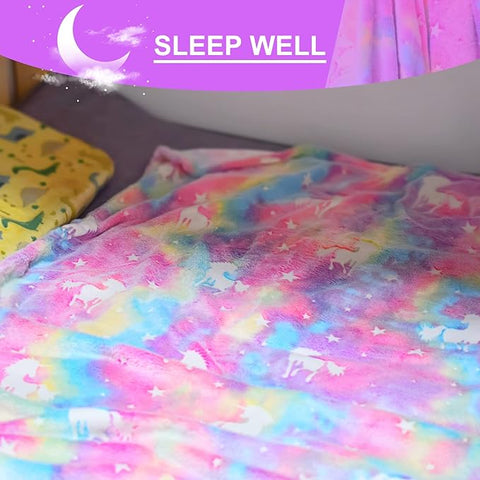 Glow in The Dark Radium Blanket for Kids Super Soft & Warm Glowing Blanket for Toddler All Seasons Baby Blanket Rainbow Unicorn Theme (50 L x 37 H inch)