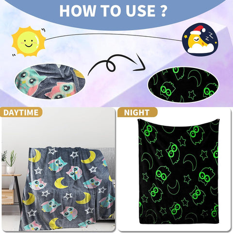 Glow in The Dark Radium Blanket for Kids Super Soft & Warm Glowing Blanket for Toddler All Seasons Baby Blanket Owl Theme (50 L x 37 H inch)