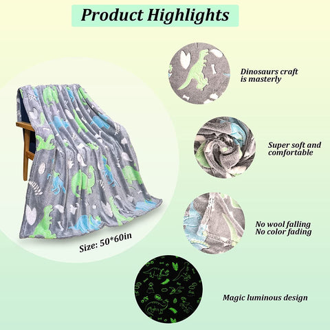 Glow in The Dark Radium Blanket for Kids Super Soft & Warm Glowing Blanket for Toddler All Seasons Baby Blanket DIno Theme (50Inch)