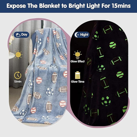 Glow in The Dark Radium Blanket for Kids Super Soft & Warm Glowing Blanket for Toddler All Seasons Baby Blanket With a Sports Theme (50 L x 37 H inch)