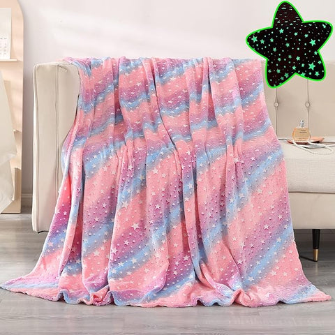 Glow in The Dark Radium Blanket for Kids Super Soft & Warm Glowing Blanket Multicolor Stars Pattern Theme  (49 L x 59 H )
