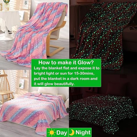 Glow in The Dark Radium Blanket for Kids Super Soft & Warm Glowing Blanket Multicolor Stars Pattern Theme  (49 L x 59 H )