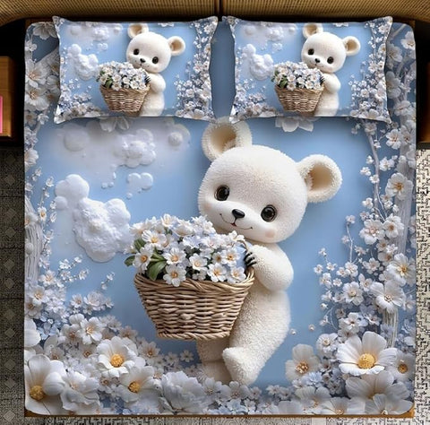 7D White Teddy Bear With Flower Design Bedcover And 2 Pillow Covers (90 X 100 Inch) - EKBB0077