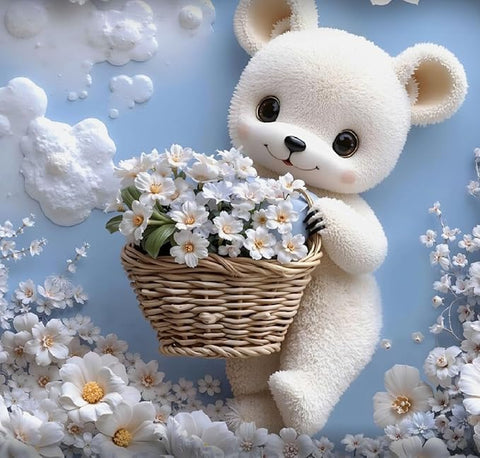 7D White Teddy Bear With Flower Design Bedcover And 2 Pillow Covers (90 X 100 Inch) - EKBB0077