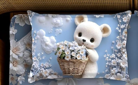 7D White Teddy Bear With Flower Design Bedcover And 2 Pillow Covers (90 X 100 Inch) - EKBB0077