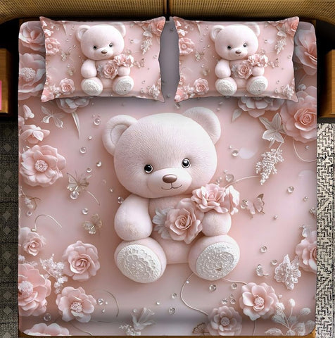 7D Pink Teddy Bear With Flower Design Bedcover And 2 Pillow Covers (90 X 100 Inch) - EKBB0078