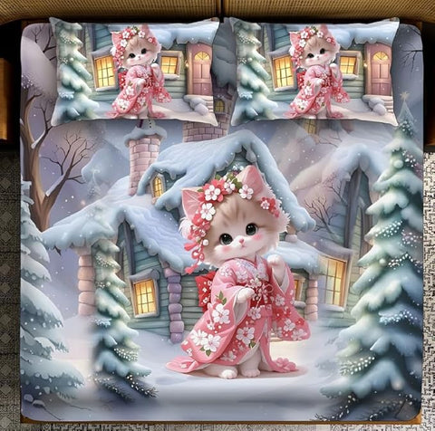 7D Winter Blossom Kitty Design Bedcover And 2 Pillow Covers (90 X 100 Inch) - EKBB0080