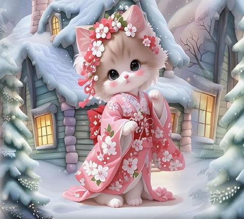 7D Winter Blossom Kitty Design Bedcover And 2 Pillow Covers (90 X 100 Inch) - EKBB0080