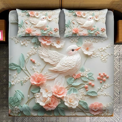 7D Bird Floral Design Bedcover And 2 Pillow Covers (90 X 100 Inch) - EKBB0081