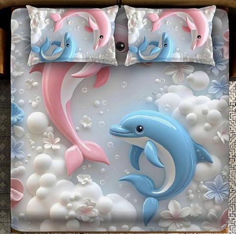7D Dolphin Design Bedcover And 2 Pillow Covers (90 X 100 Inch) - EKBB0082
