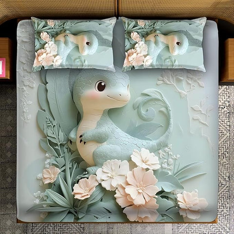 7D Dino Dream Design Bedcover And 2 Pillow Covers (90 X 100 Inch) - EKBB0084