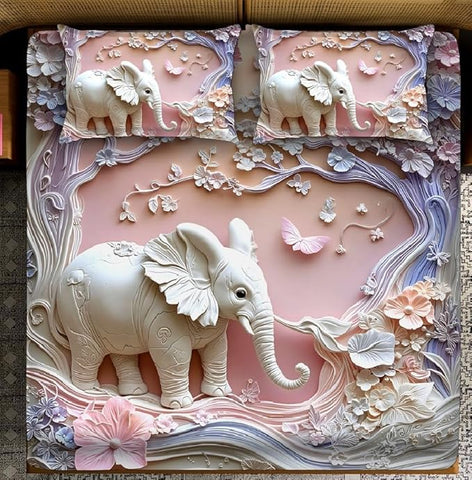 7D Elephant Design Bedcover And 2 Pillow Covers (90 X 100 Inch) - EKBB0085