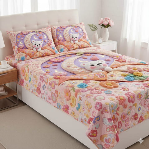 7D Teddy Bear With Moon Theme Design Bedcover And 2 Pillow Covers (90 X 100 Inch) - EKBB0091