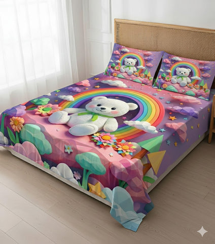 7D Rainbow Teddy Bear Theme Design Bedcover And 2 Pillow Covers (90 X 100 Inch) - EKBB0094