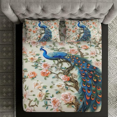 7D Peacock Theme Design Bedcover And 2 Pillow Covers (90 X 100 Inch) - EKBB0098