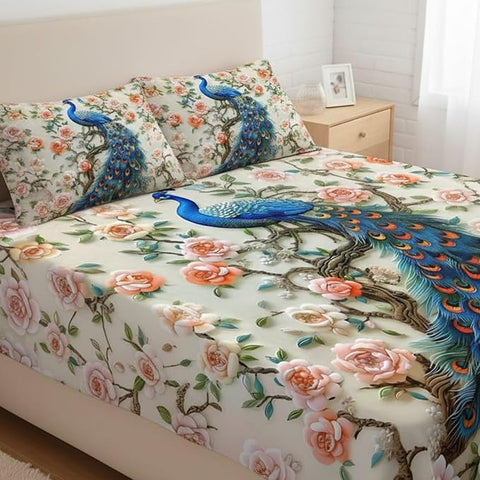 7D Peacock Theme Design Bedcover And 2 Pillow Covers (90 X 100 Inch) - EKBB0098