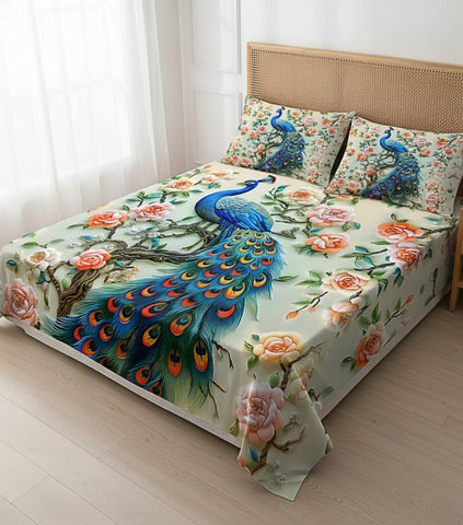 7D Peacock Theme Design Bedcover And 2 Pillow Covers (90 X 100 Inch) - EKBB0098