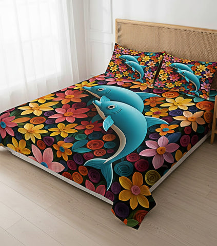 7D Floral Dolphin Theme Design Bedcover And 2 Pillow Covers (90 X 100 Inch) - EKBB0100
