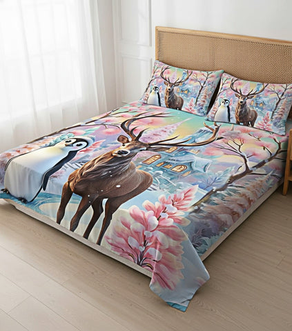7D Penguin and Deer Theme Design Bedcover And 2 Pillow Covers (90 X 100 Inch) - EKBB0102