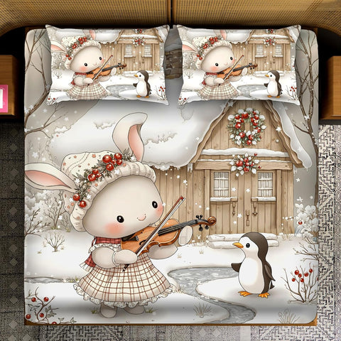 7D Snow Bunny Melody Theme Design Bedcover And 2 Pillow Covers (90 X 100 Inch) - EKBB0107