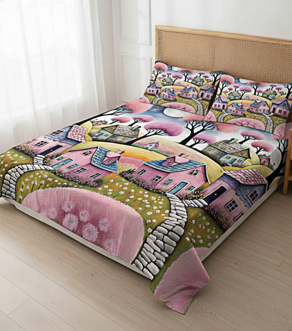 7D Pink House Theme Design Bedcover And 2 Pillow Covers (90 X 100 Inch) - EKBB0108