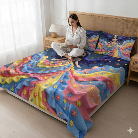 7D Colourful Princess Theme Design Bedcover And 2 Pillow Covers (90 X 100 Inch) - EKBB0112