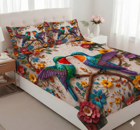 7D Couple Sparrow Theme Design Bedcover And 2 Pillow Covers (90 X 100 Inch) - EKBB0114