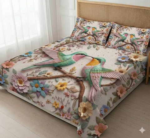 7D Light Color Couple Sparrow Theme Design Bedcover And 2 Pillow Covers (90 X 100 Inch) - EKBB0115