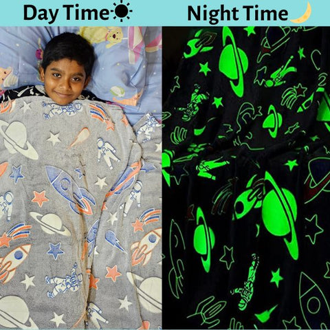Glow in The Dark Radium Blanket for Kids Super Soft & Warm Glowing Blanket for Toddler All Seasons Baby Blanket Astronaut Theme  (78inch) - EKBB014
