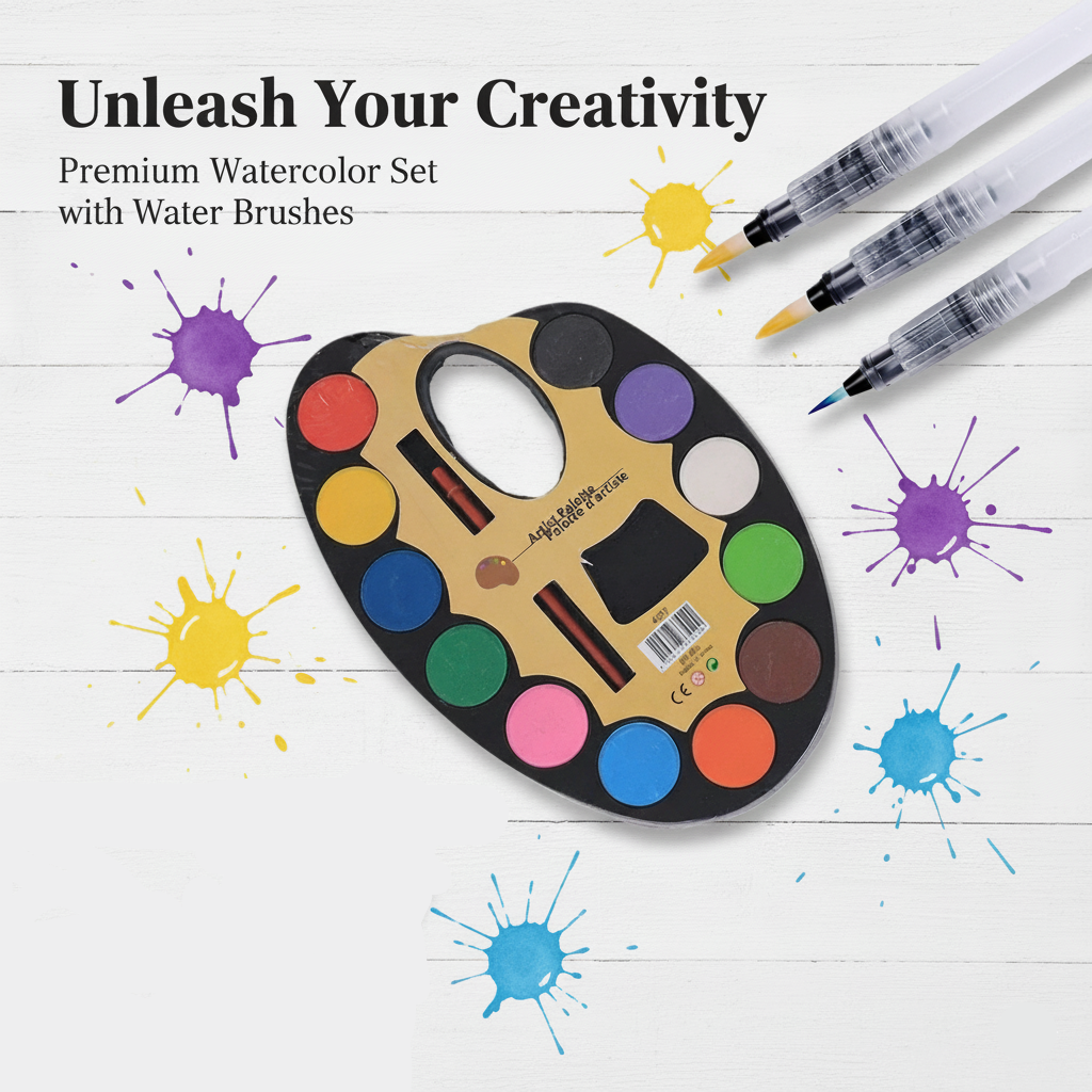 Extrokids Watercolor Palette with 3 Water Brush Pens Kit - EKC2219