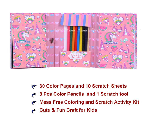 30 Pages Colouring Book Set With 8 Colour Pencils And 10 Scratch Reveal Pages - EKSS0197