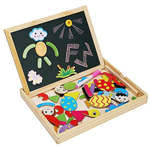 2-in-1 Wooden Easel | Chalkboard, Whiteboard & Magnetic Puzzle Set