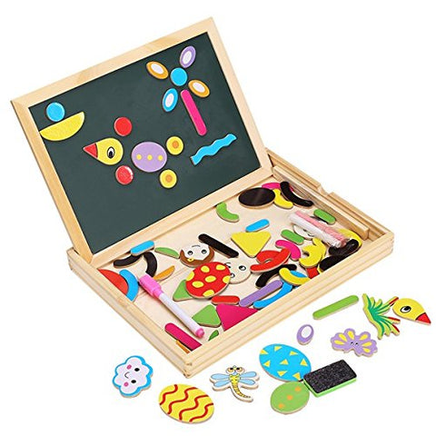 2-in-1 Wooden Easel | Chalkboard, Whiteboard & Magnetic Puzzle Set