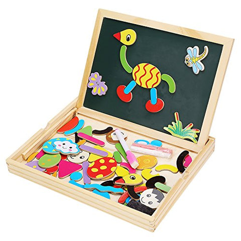 2-in-1 Wooden Easel | Chalkboard, Whiteboard & Magnetic Puzzle Set