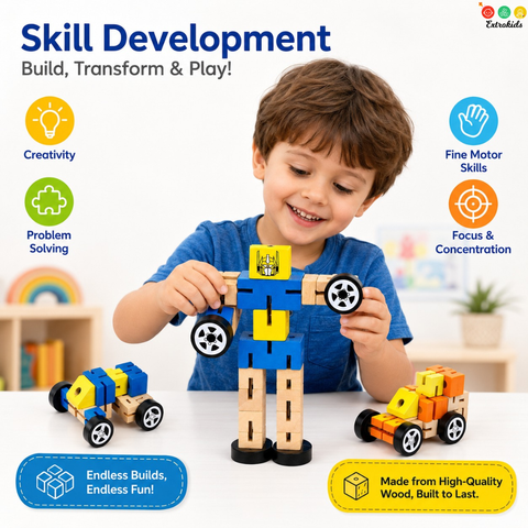 Wooden Robot Transformer - 2-in-1 Action Figure & Vehicle (Random Color Shipped)