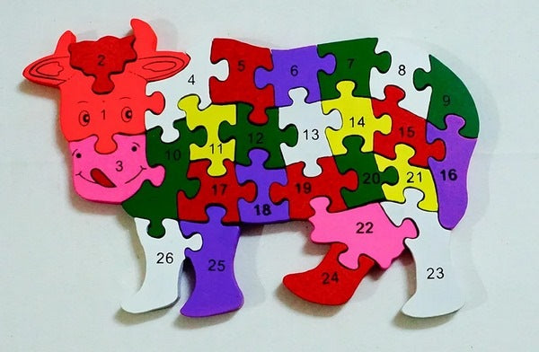 Wooden alphabet and number Chunky Jigsaw puzzles Cow - EKT3067