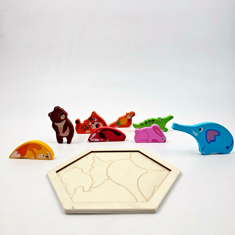 Wooden Hexagon Shape Wild Animals Stacking Puzzle - EKT3224