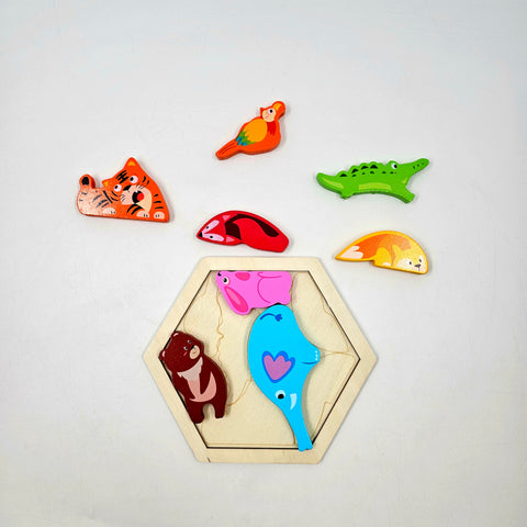 Wooden Hexagon Shape Wild Animals Stacking Puzzle - EKT3224